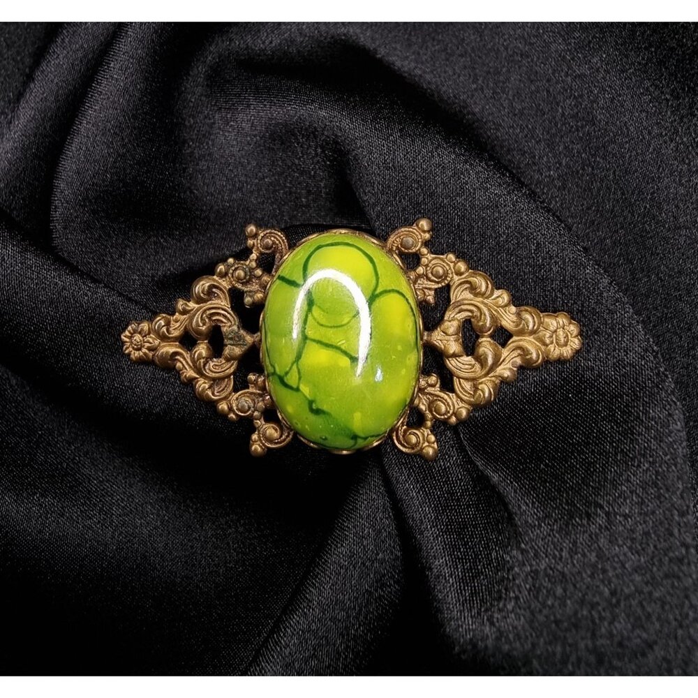 Antique Early 20th Century Ornate Brass Brooch With Vibrant Green Marble Design